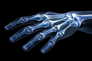Naklejka premium 3D model of a human hand in X-ray detail, with each bone highlighted against a black background