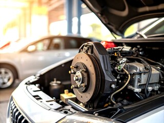 Detailed View of Open Car Engine Section Featuring Vacuum Assisted Brakes with Ample Copy Space for Automotive Illustrations and Technical Descriptions