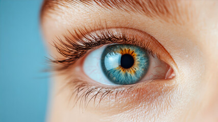 Obraz premium Close-up of a Human Eye Showcasing Unique Blue and Brown Patterns Against a Light Background