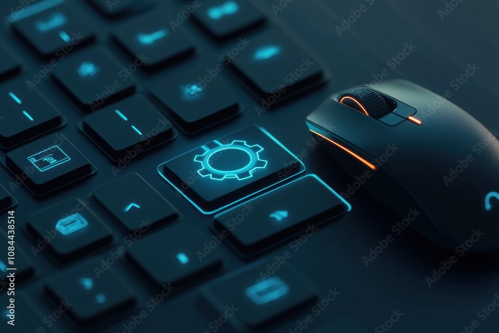 Fototapete The illuminated keyboard features a gear icon, symbolizing settings, next to a sleek mouse, highlighting the essence of a digital workspace. Generative AI