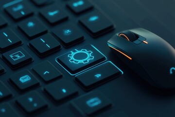 The illuminated keyboard features a gear icon, symbolizing settings, next to a sleek mouse, highlighting the essence of a digital workspace. Generative AI
