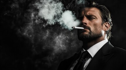 A contemplative man dressed in a suit exhales a swirl of smoke against a dark background, capturing the mysterious allure of introspective moments.