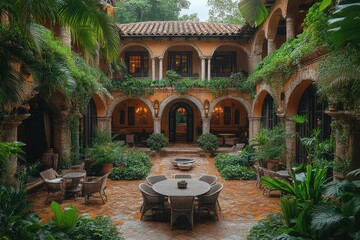 Obraz premium sophisticated interior design of a grand mansion styled like a monastery, featuring elegant architecture and lush vegetation, creating a serene and tranquil atmosphere that merges luxury with nature