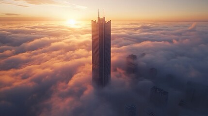 A majestic skyscraper pierces through a sea of clouds at sunrise, bathed in golden light.