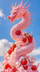Naklejka premium Pink Marshmallow Dragon, Sweets, Candies, Abstract Image, Texture, Pattern Background, Wallpaper, Cover and Screen for Smartphone, PC, Laptop, 9:16 and 16:9 Format