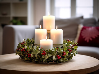 Cozy Christmas vibes, closeup of Advent time candles and wreath. Cozy holiday minimalist living room composition. Wreath and candles.