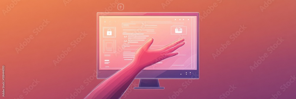 Poster A hand extends towards a computer screen filled with icons related to settings and security, highlighting a focus on digital safety. Generative AI