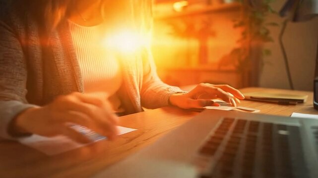 A woman is typing on a laptop in a kitchen
