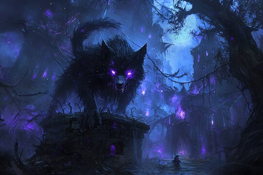 Mystical creature with glowing eyes in enchanted forest under moonlit sky.