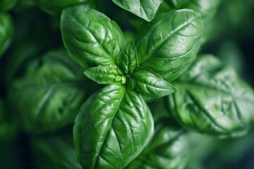 Vibrant green basil plant leaves are growing in a garden, thriving in the warm summer sunlight