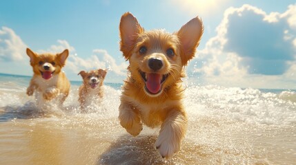 Three adorable puppies joyfully leap through the sparkling water, embracing the warmth of a sunny beach day together.