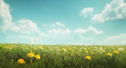 Vibrant Meadow Scene Showcasing Lush Green Grass and Dandelion Blooms Under a Soft Blue Sky with Fluffy Clouds - A Summer Spring Landscape