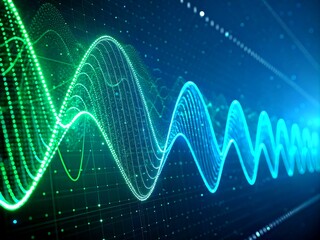Fototapeta premium Dynamic Sound Waves in Gradient of Green and Blue: A 3D Visualization of Rhythmic Blue Glows in Streamlined Design, Backlit for Stunning Stock Photography