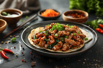 Fototapeta premium Spicy chicken stir fry served with fresh vegetables and herbs on a rustic black plate. Flat lay food photography