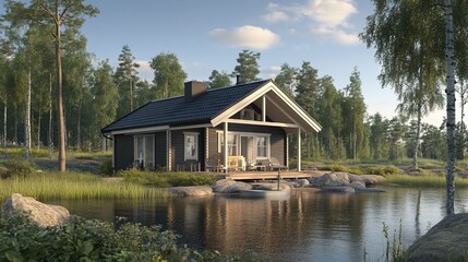 Obraz premium A small black cabin with a wooden porch sits on the edge of a lake in a forest setting.