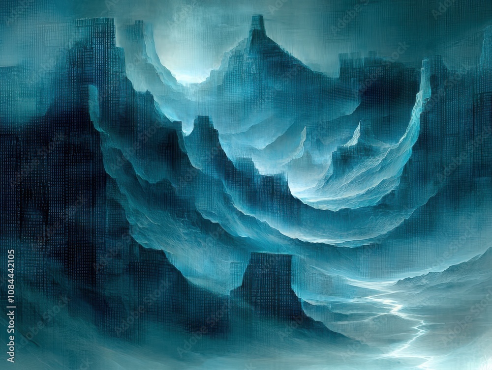 Poster exploring a surreal landscape of binary code digital realm artwork abstract environment ethereal per