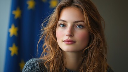 Fototapeta premium Beautiful female USA American election voter portrait in front of American flag, European Flag background