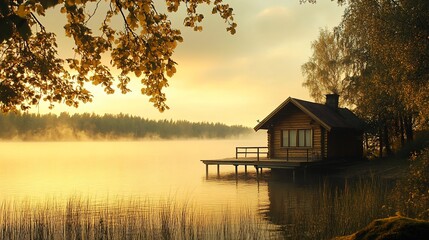 Fototapeta premium Wooden cabin on a lake with fog and sunrise.