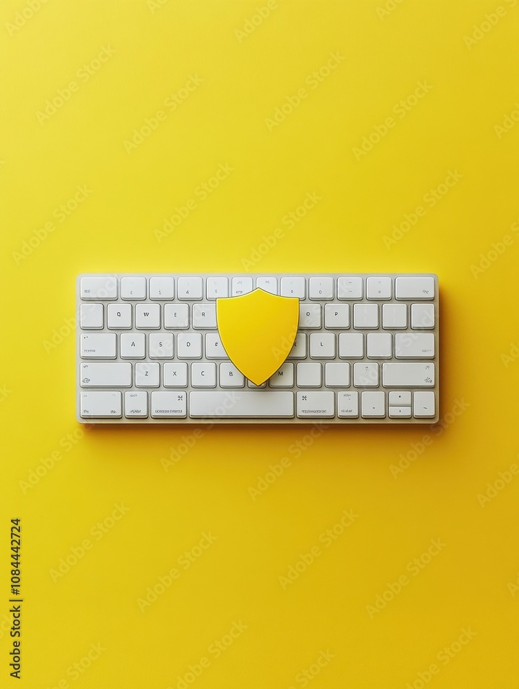 Aufkleber a white keyboard sits on a vibrant yellow surface, with a yellow shield icon placed prominently on t