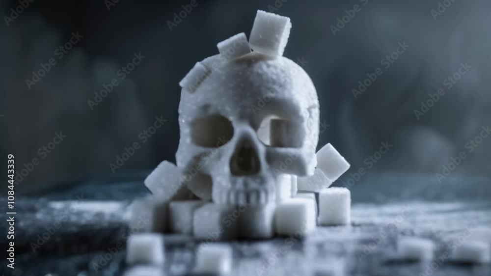 Poster Sugar cubes form a skull shape on a dark background with scattered sugar and mist, creating a dramatic visual representation of health risks associated with excessive sugar intake