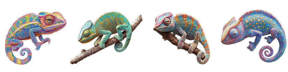 Obraz premium Colorful chameleons perched on branches displaying vibrant textures transparent background