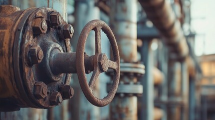 Rusty Industrial Valve: A Close-Up of Aged Pipes and Metalwork