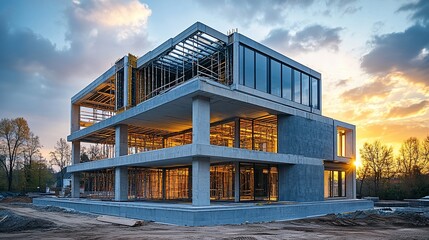 Modern house under construction at sunset.