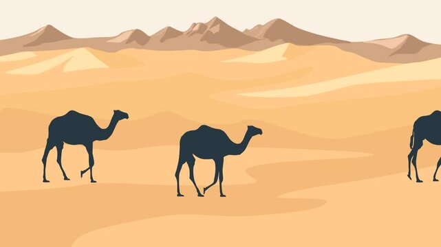 Animation with camels walking in the desert (seamless loop)