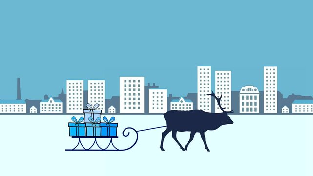 Christmas animation with winter cityscape and reindeer delivering gifts to children (animation, seamless loop)