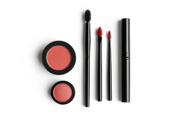 Stylish Makeup Essentials: Top View of Professional Cosmetic Tools on a Clean White Background