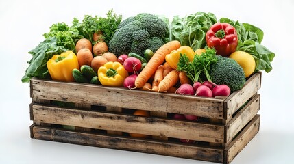 Fresh ripe vegetables and fruit in wooden crate on white background Isolated AI generated