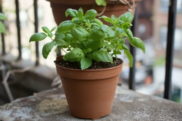 Fototapeta premium Healthy basil plant is thriving in a terracotta pot on an urban balcony
