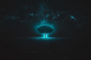 Luminous tree against a starry sky, creating a mystical night scene.