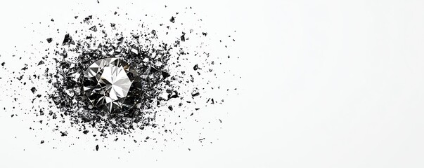 Obraz premium Diamond surrounded by scattered black particles on a white background.