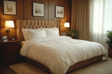 stylish hotel bedroom featuring a plush bed, nightstand adorned with books, and a mock-up wall ideal for interior design inspiration. soft, ambient lighting casts a cozy glow over the chic decor