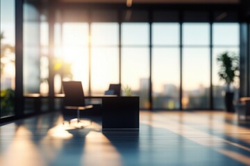 Beautiful blurred background of a light modern office interior with panoramic windows and beautiful lighting.