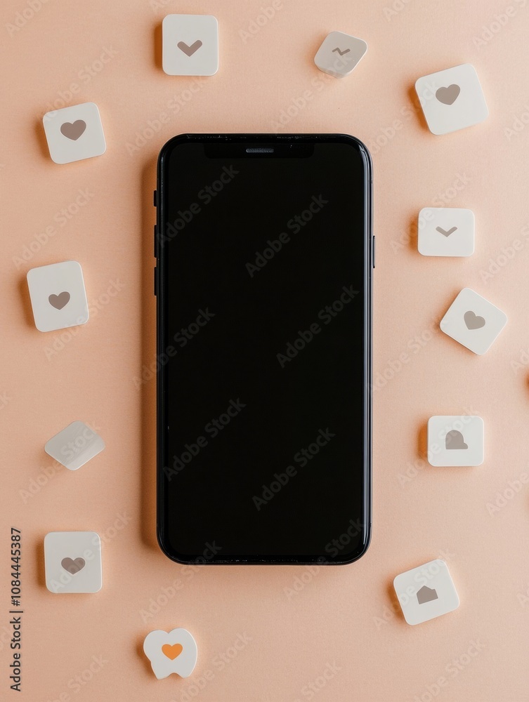 Aufkleber A smartphone sits on a soft beige surface surrounded by various notification icons representing likes and comments, showcasing digital interaction. Generative AI