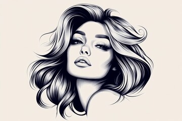 Minimalist outline of a womanâ€™s face with flowing hair in monochrome