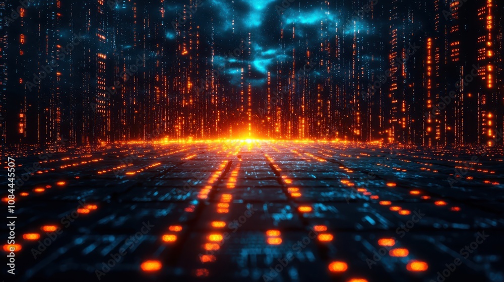 Poster data stream flowing through digital realms exploring information streams in virtual environments