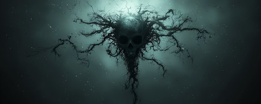 Dark organic shape resembling skull with tree roots in misty atmosphere.