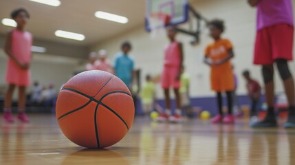 Close-up of a basketball on a gym floor, kids practicing in the background. 