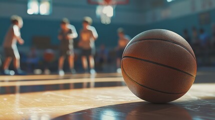 Close-up of a basketball on a gym floor, kids practicing in the background. 