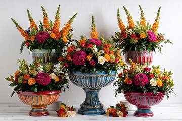 Stunning Floral Display in Creative Planters on Bright White Background