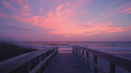 Obraz premium Serene sunset over the ocean, viewed from a wooden walkway. Peaceful pink and purple hues paint the sky.