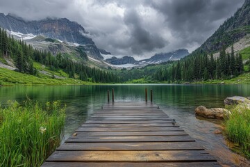 Fototapeta premium Serene Dock View on a Tranquil Overcast Lake in Glacier National Park, Montana