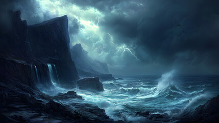 Dramatic seascape painting of a stormy ocean crashing against dark cliffs.  Lightning illuminates the turbulent sky.