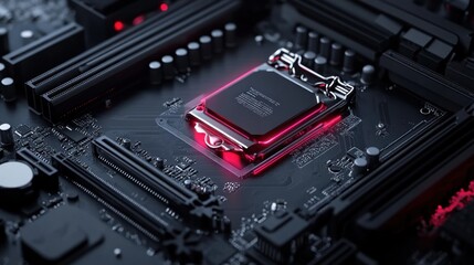 Fototapeta premium Illuminated CPU on Motherboard: A Close-Up of High-Tech Computer Hardware