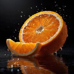 Freshly Cut Orange with Juicy Segments and Water Droplets - High Contrast Dark Background