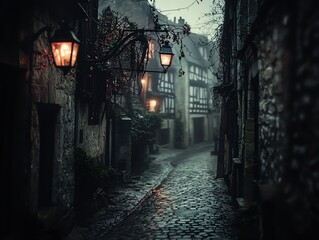 Mystical old cobblestone street lined with vintage lamps, shrouded in fog.