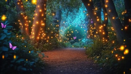 Magical forest, fairies and lights